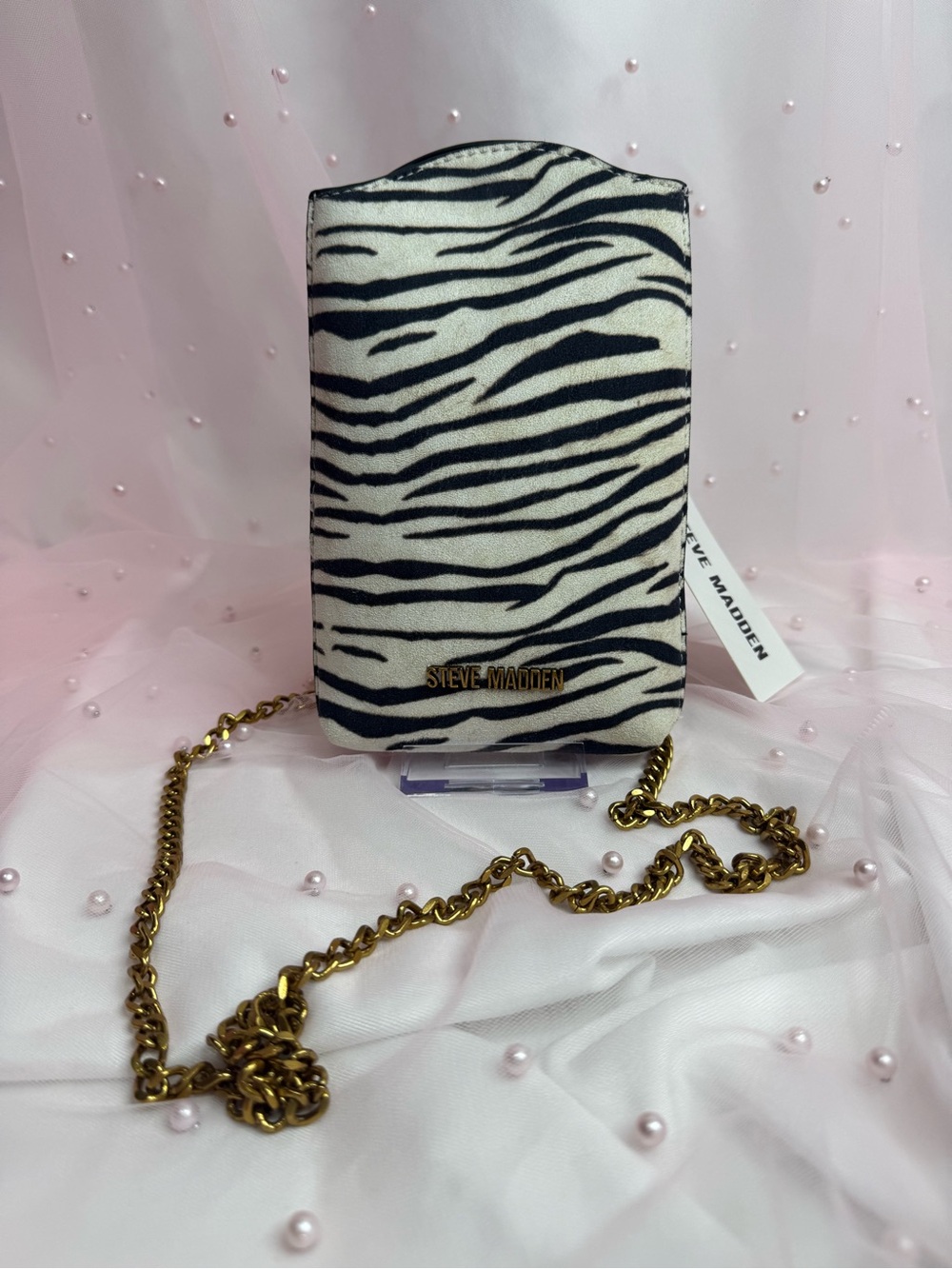 Steve Madden Black & White Zebra Crossbody Phone Pouch with Gold Chain